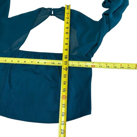 Express Square Neck Cut-Out Back Blouson Sleeve Top M Green Smocked Crop Fairy - Picture 7 of 8